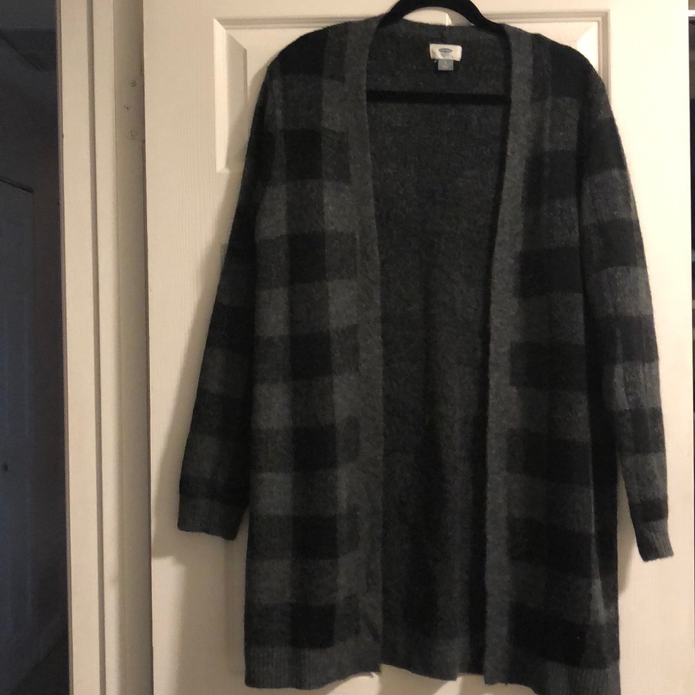 Black Plaid Open Front Sweater